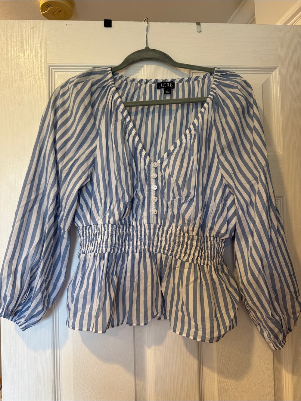 J. Crew Blue and White Striped Smocked-Waist Peasant Blouse